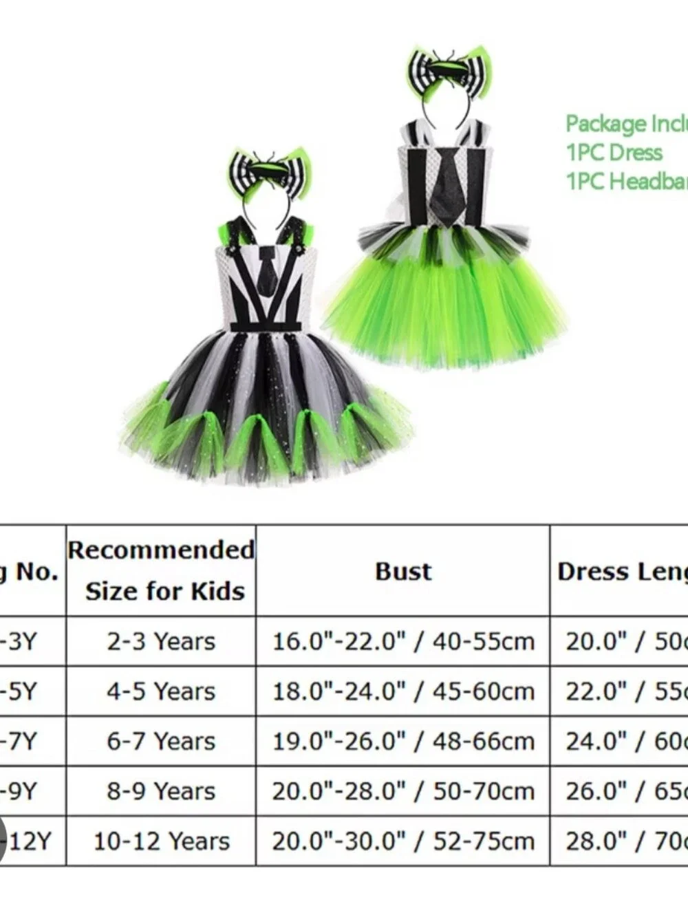 Beetlejuice Girls Striped Black & Lime Green Tutu Costume with Headband